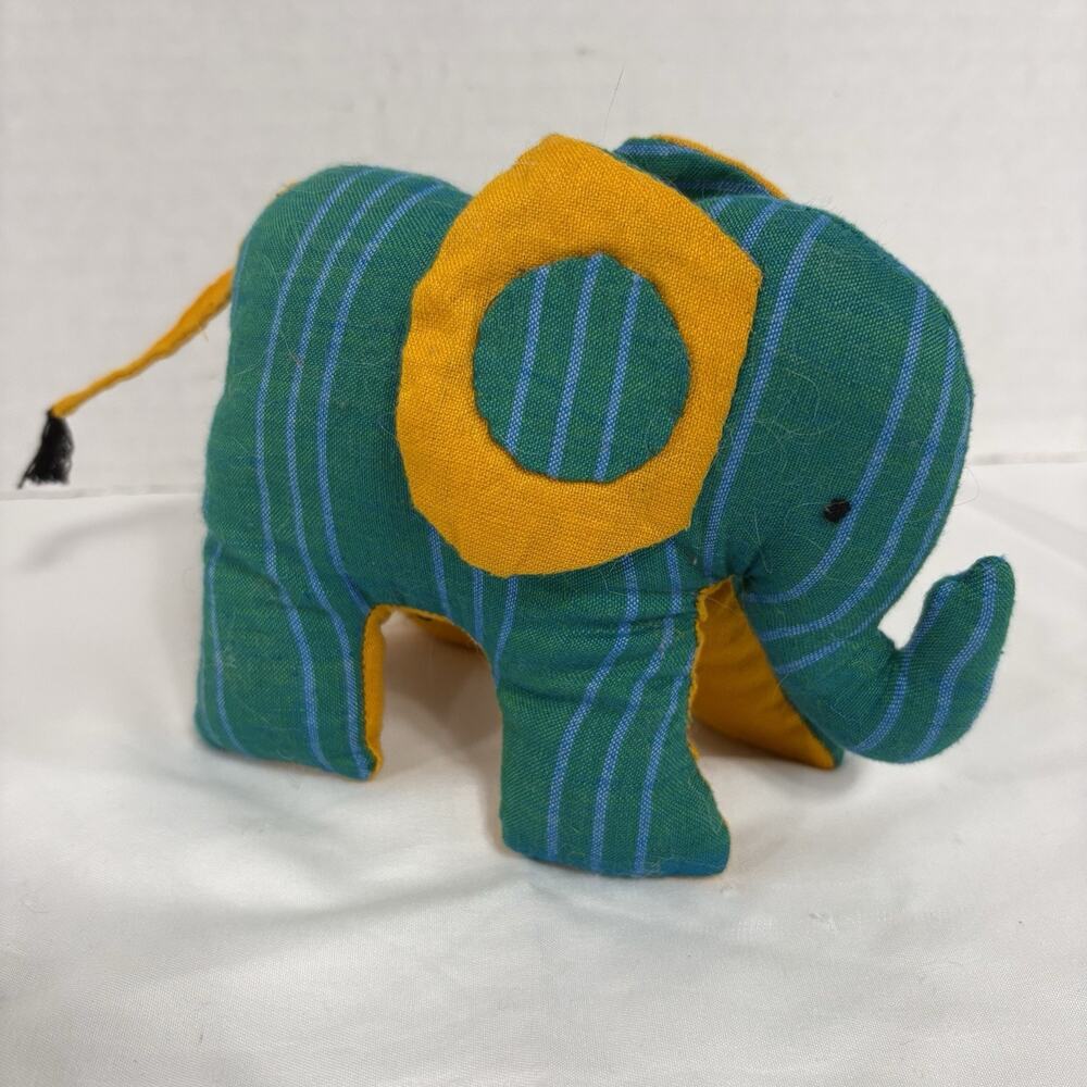 Barefoot Natural Elephant Plush 6” Hand Woven Sri Lanka Green Striped Folk Art